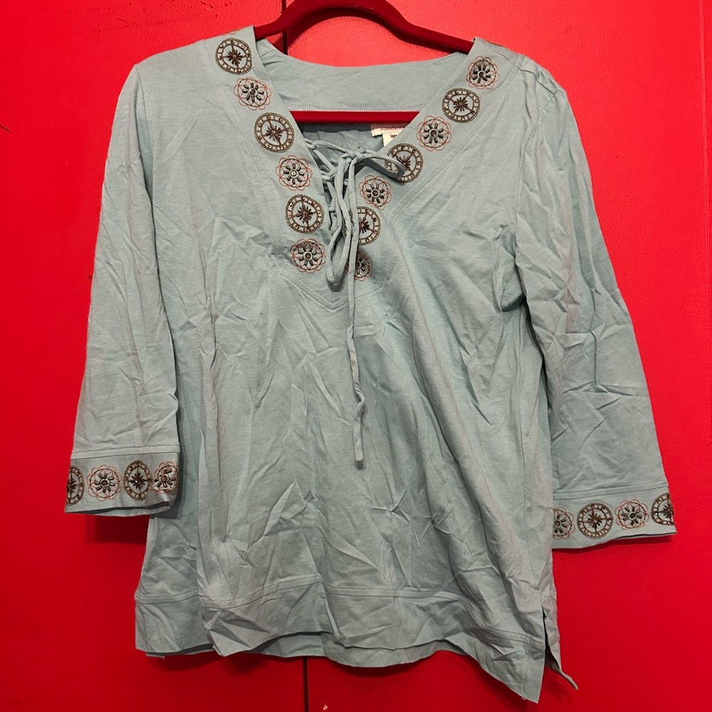 Sundance Catalog Beaded Embroidered Boho Top Size L Seafoam Blue Cotton Tie Neck